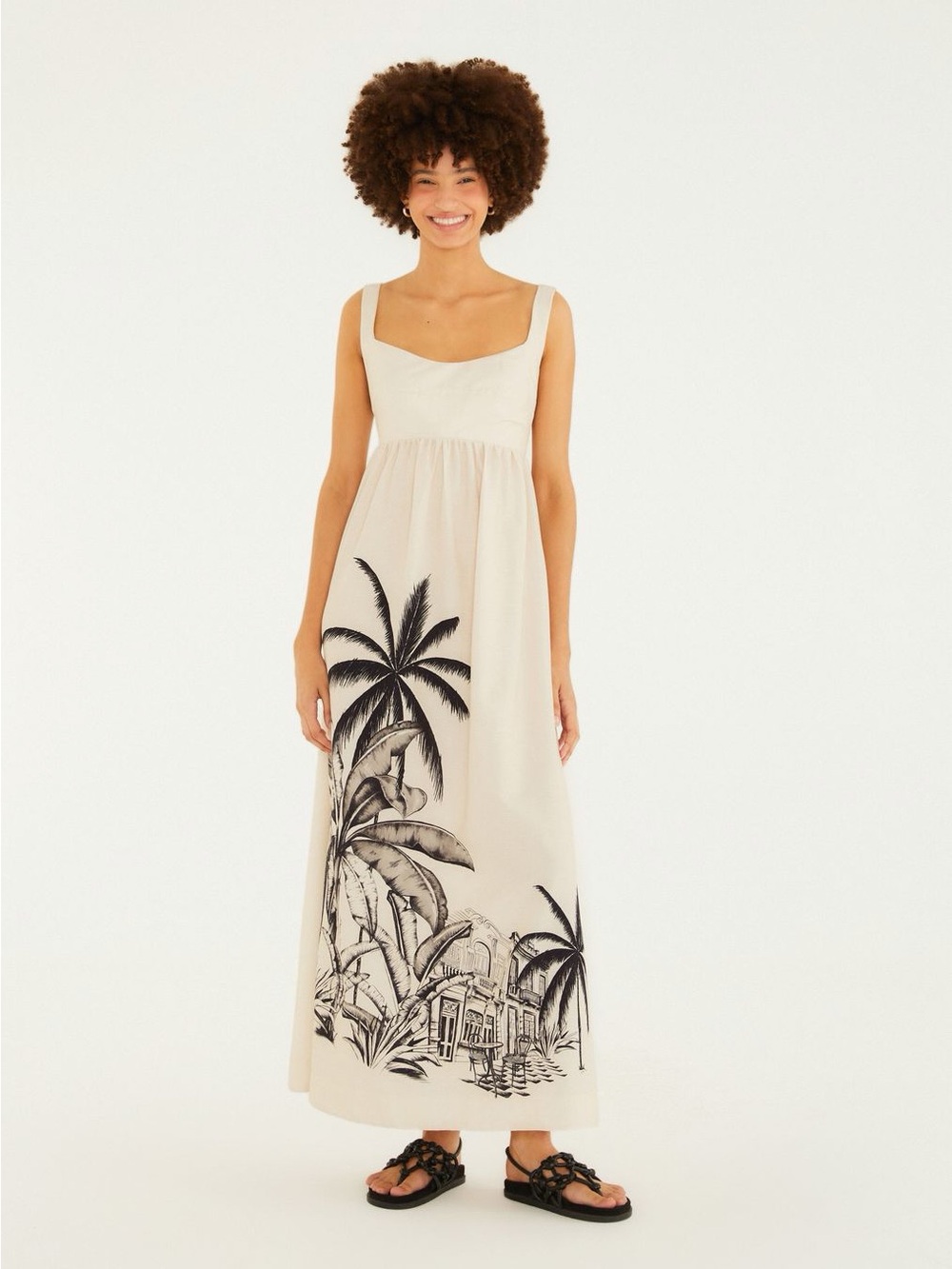 FARM Rio Brasil Vila Teresa Ivory Maxi Dress with Black Palm Print